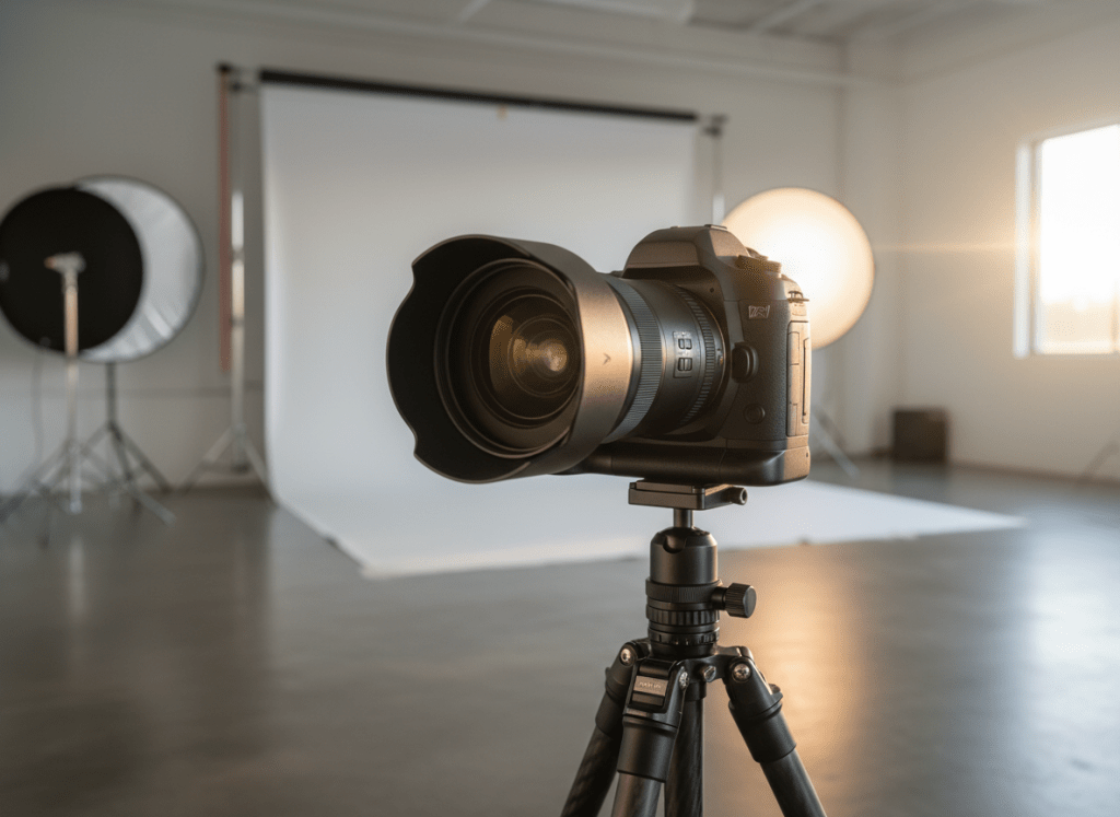 Professional camera on tripod in golden light