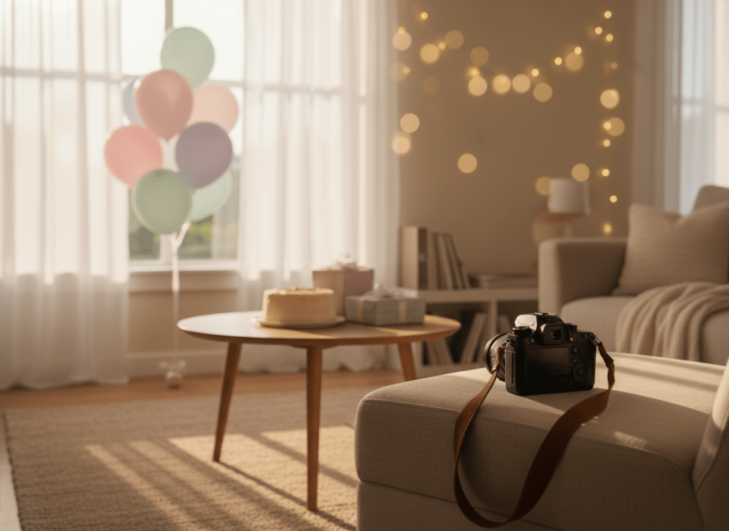 Warm intimate birthday celebration setup, candid storytelling