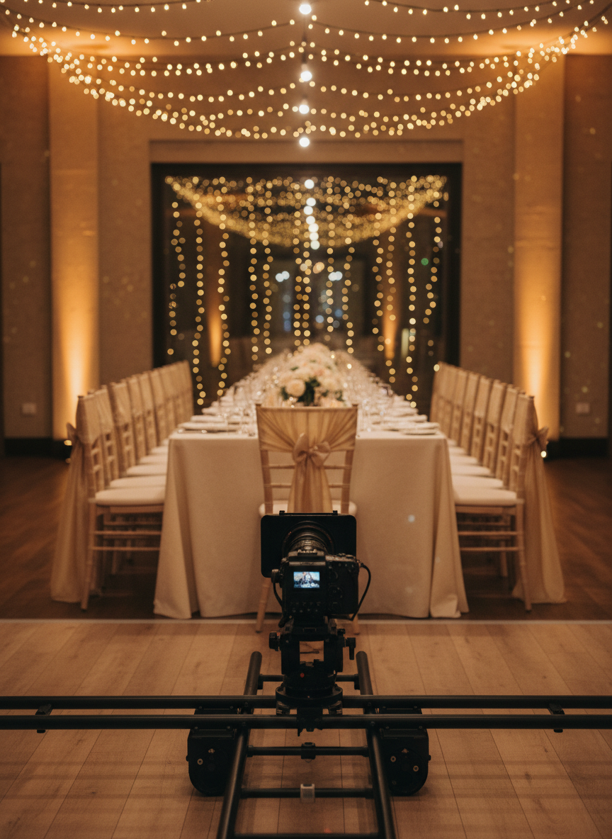 Romantic wedding reception decor with warm lighting