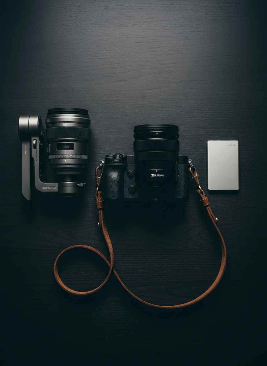 Premium photography equipment flat lay